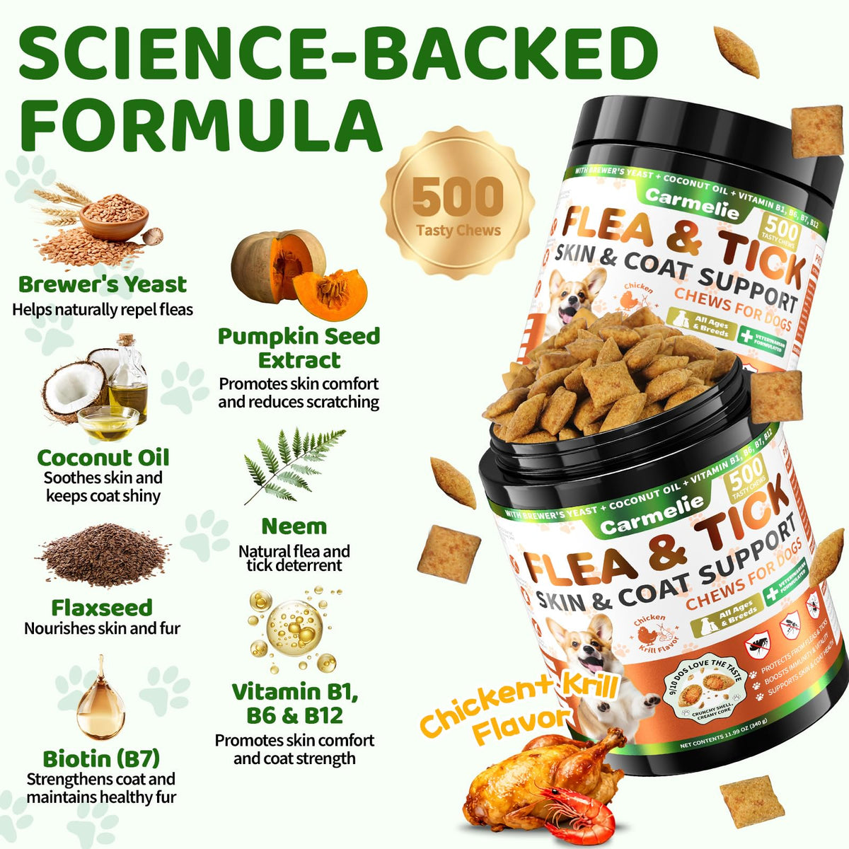 Flea and Tick Prevention for Dogs Chewables with Multivitamins, 500ct W21853