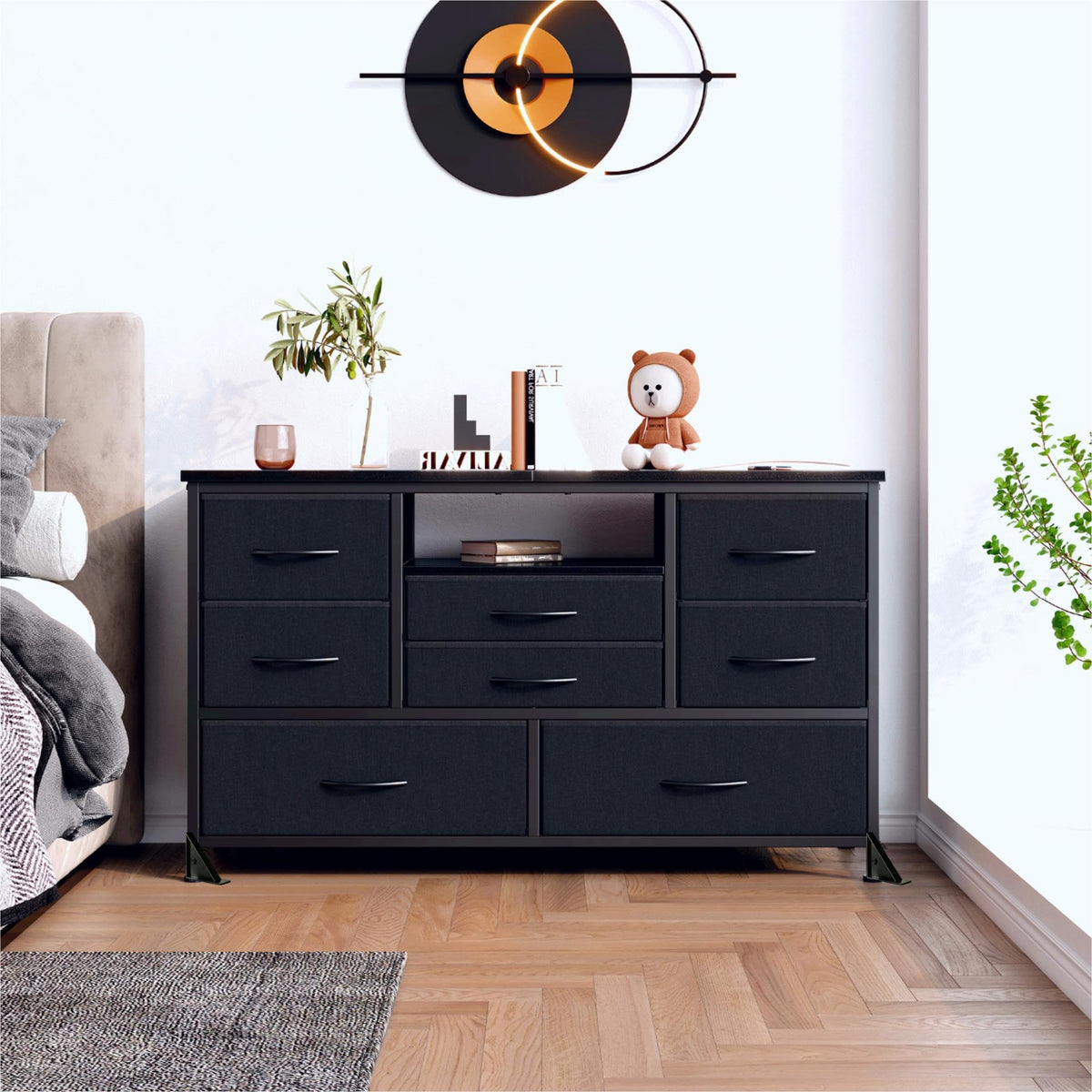 Black 8 Drawer Fabric Dresser TV Stand V98361