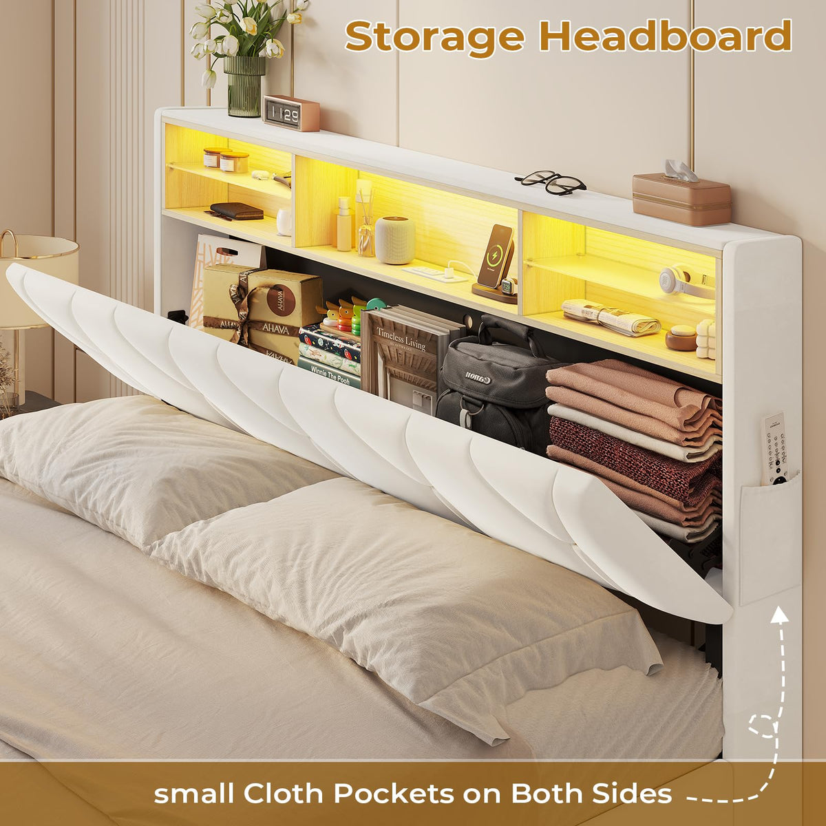 Full Size Bed Frame with Storage Headboard and LED Lights Y77928