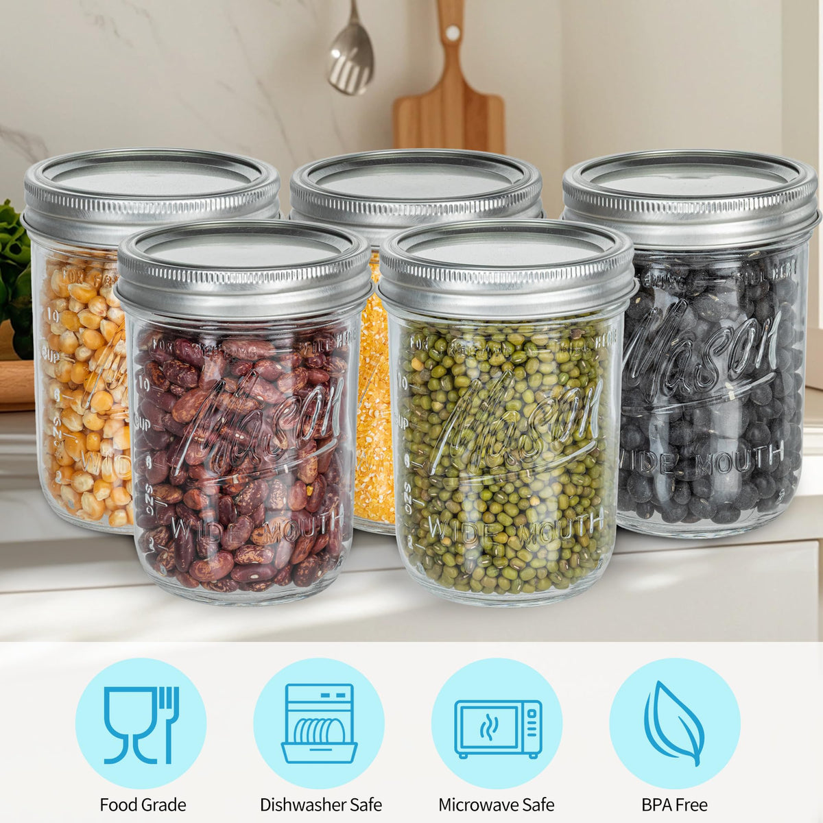 16 oz Wide Mouth Glass Mason Jars with Lids 8 Pack K71325