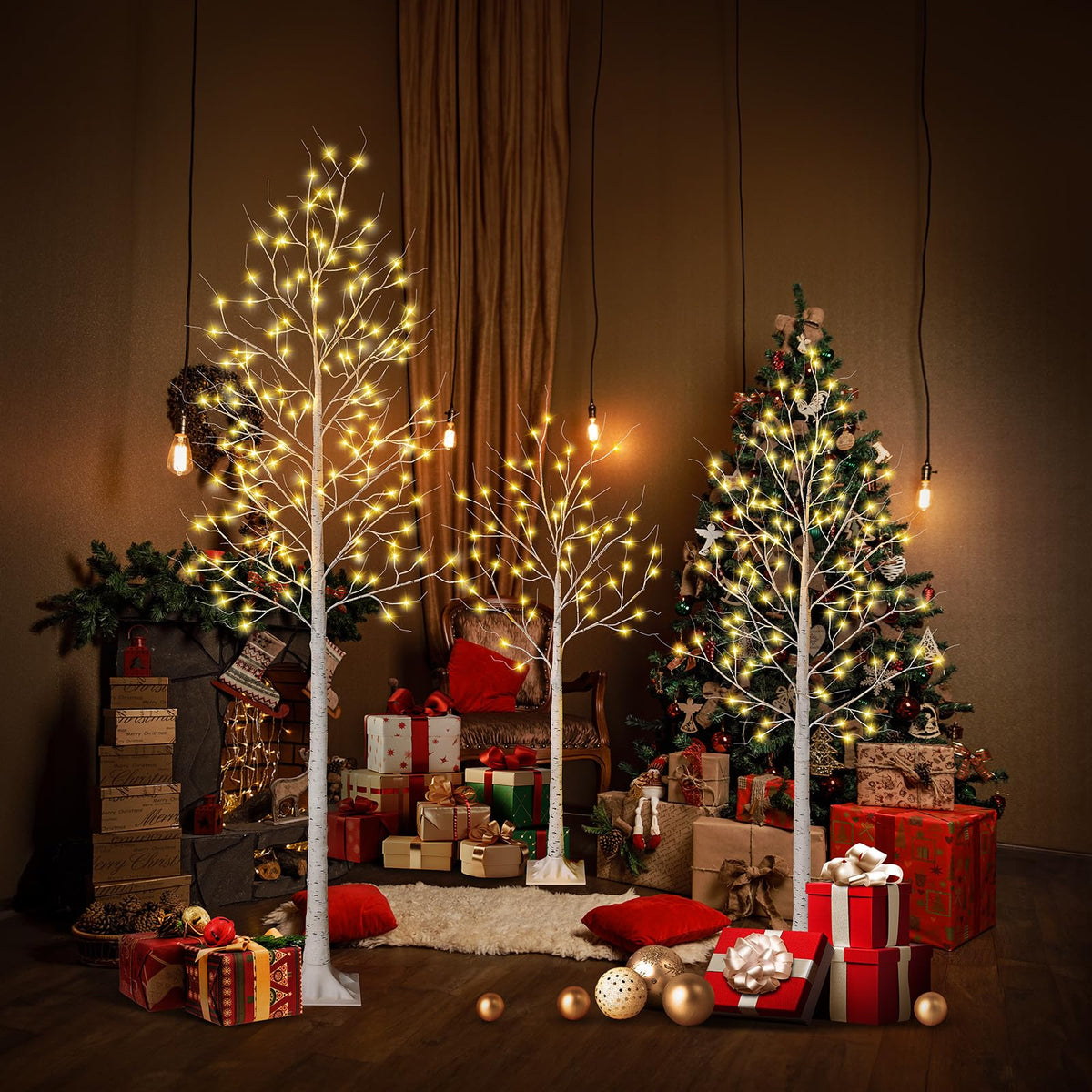 White Birch Tree with Lights Set of 3 Christmas Decorations with Warm White Lights S98570