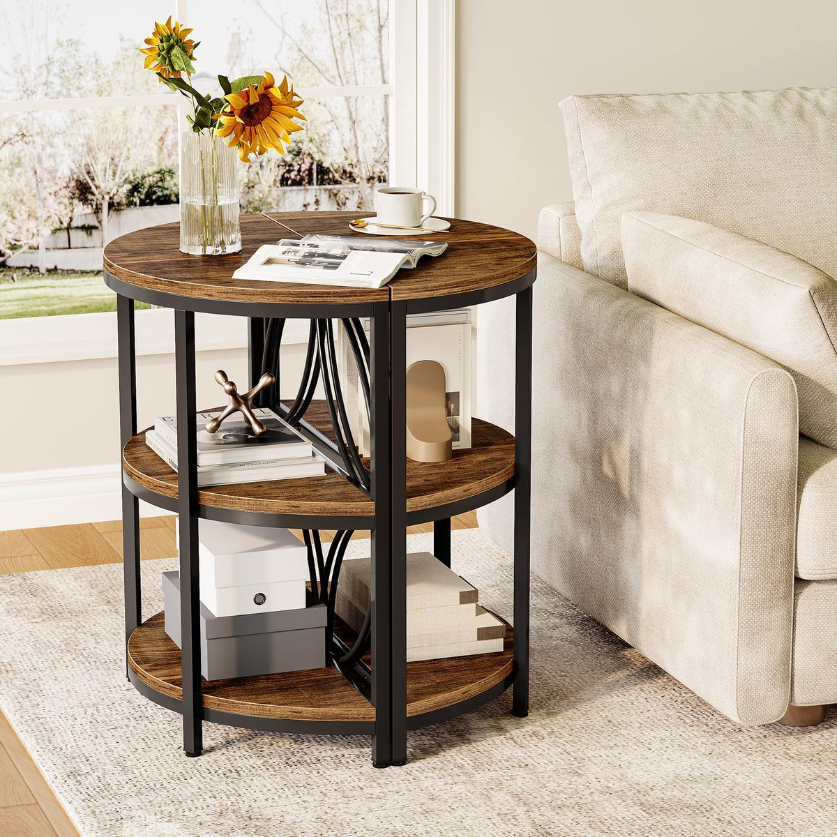 Half Round 3-Tier Narrow Side Table with Metal Frame V925787