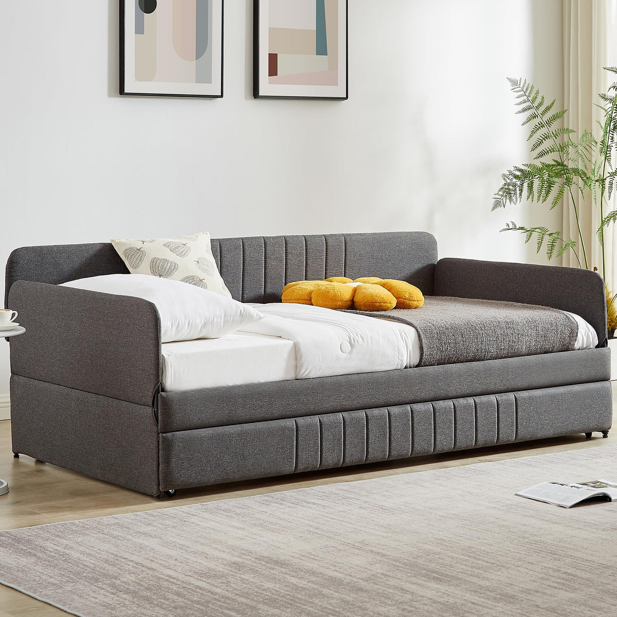 Twin Size Gray Linen Upholstered Daybed with Trundle C385