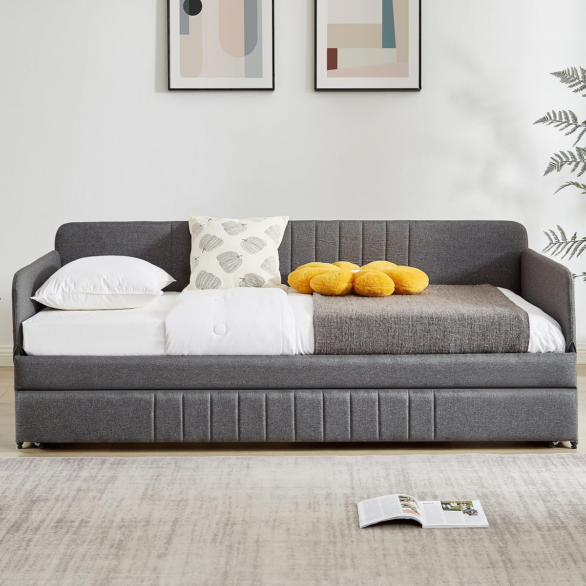 Twin Size Gray Linen Upholstered Daybed with Trundle C385