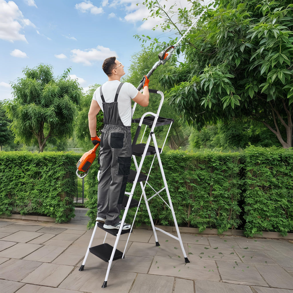 5 Step White Foldable Steel Step Stool with Handrail R9628