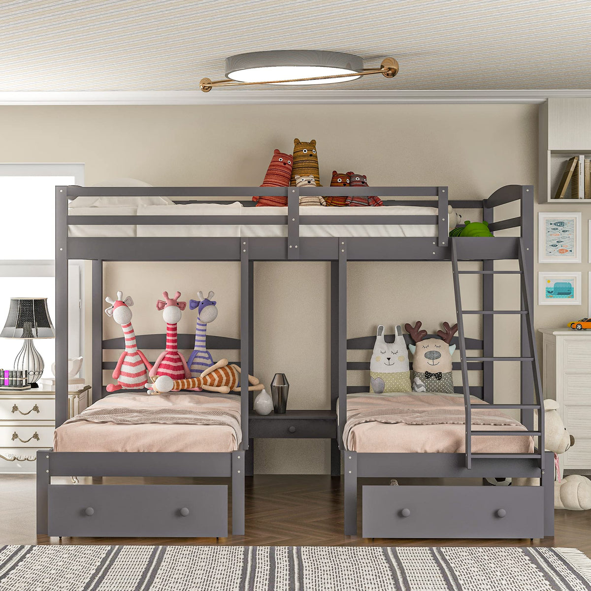 Full Over 2 Twin Wood Triple Bunk Bed with 3 Drawers and Guardrails A923533