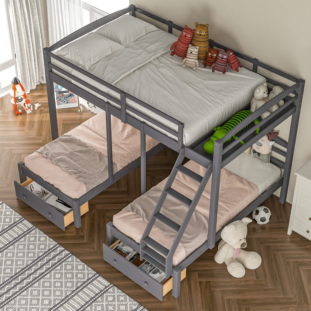 Full Over 2 Twin Wood Triple Bunk Bed with 3 Drawers and Guardrails A923533