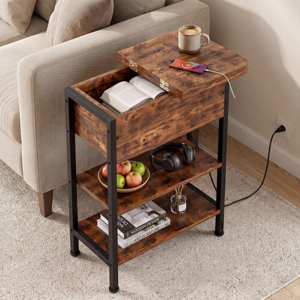 End Table with Charging Station, 3-Tier Storage Nightstand Q178