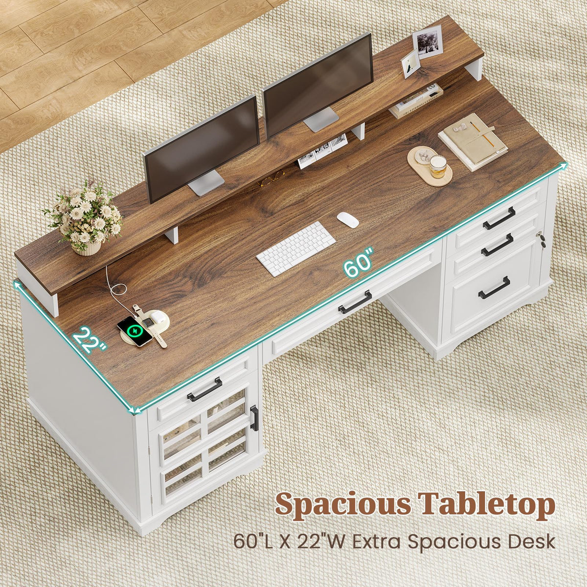 White Wood Executive Desk with Drawers and Storage Cabinet E747443