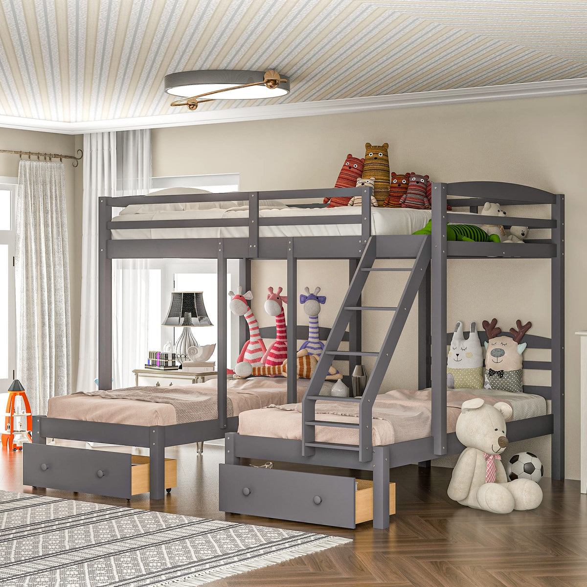Full Over 2 Twin Wood Triple Bunk Bed with 3 Drawers and Guardrails A923533