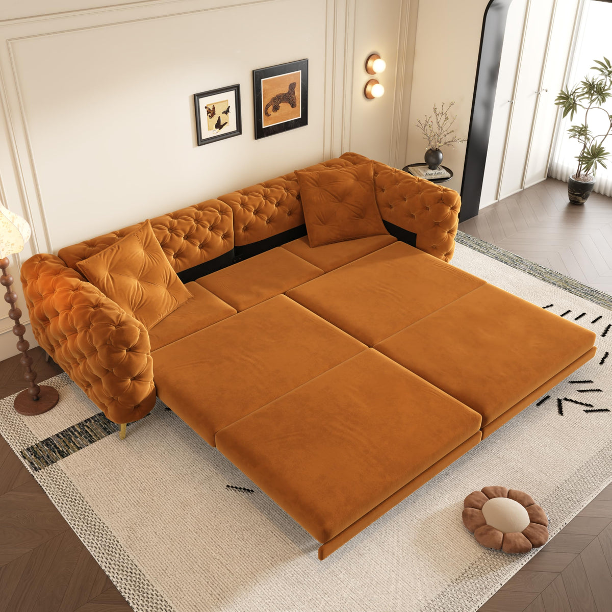 Orange Velvet Convertible Sleeper Sofa with Ottoman B92787