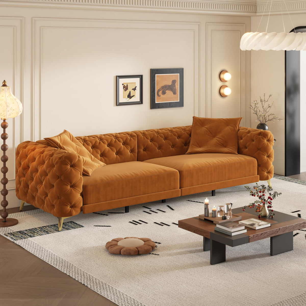 Orange Velvet Convertible Sleeper Sofa with Ottoman B92787
